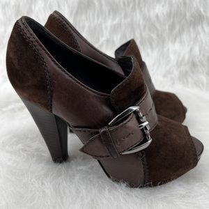 Kurt Geiger Sz 36 US 5.5 Brown Leather Suede Peep Toe 4.5” Stacked Heel Pump